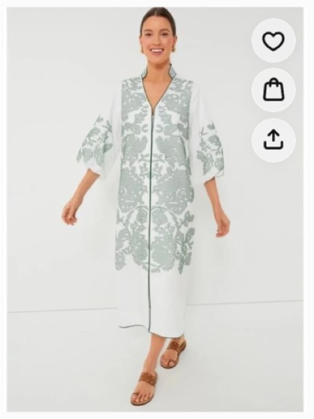 White Midi Caftan Dress with Sage Embroidered Panel